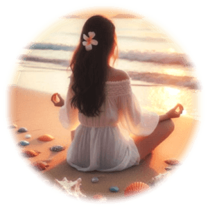 A woman meditating on a beach surrounded by sheashells