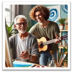 Elderly man and young man doing artistic activities